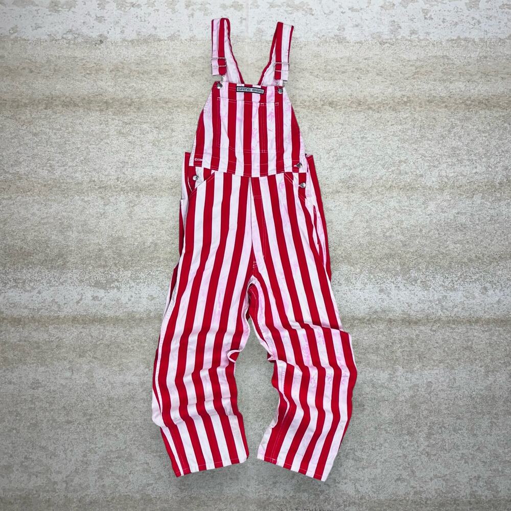 Vintage 90s Game Bibs Overalls Mens S Baggy Fit Wide Leg Red White Striped Work